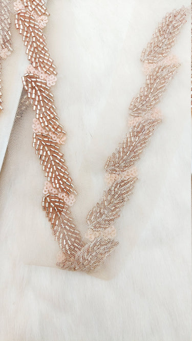 Beige Net Bridal Trim Rose Gold Beaded Leaf Embroidery, Hand Embroidered Bead Lace, Floral Embroidered Trim